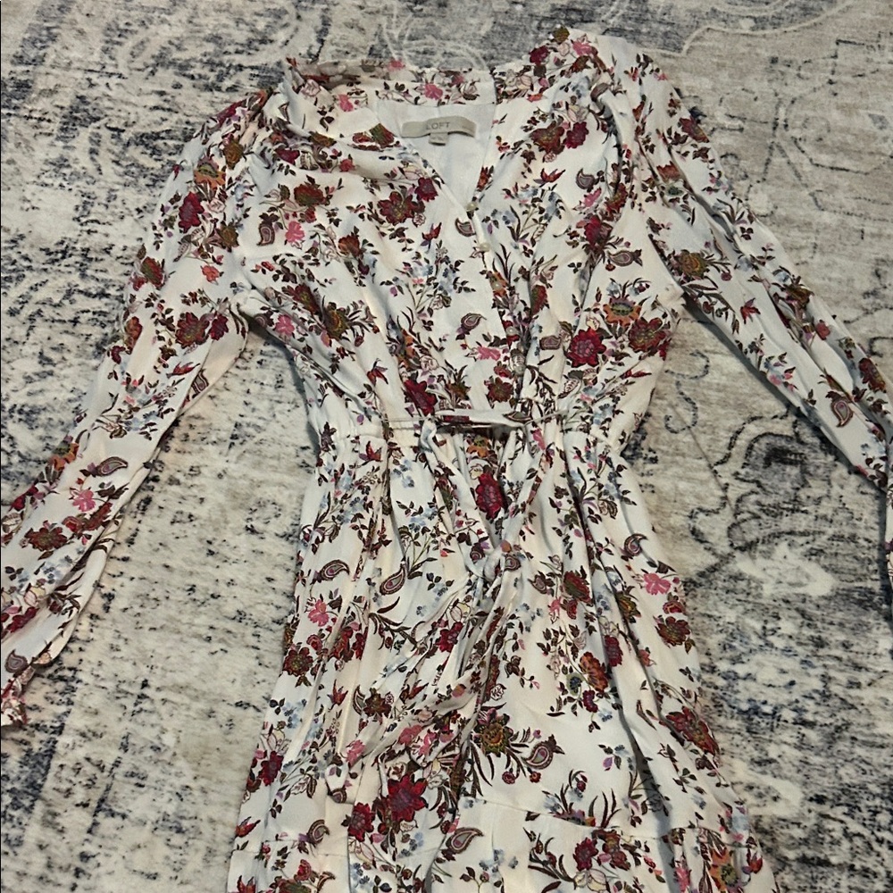 LOFT Floral Long Sleeve Dress in Cream and Red